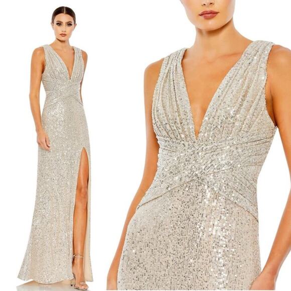 IEENA FOR MAC DUGGAL 26598 V Neck Sequined V Neck Wrap Waist Gown Nude 0 NEW - Picture 10 of 10